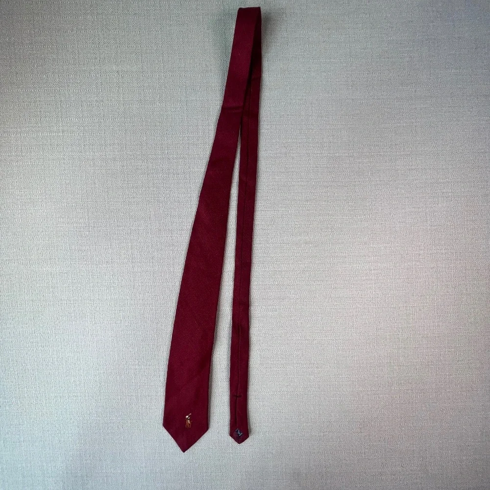 Vintage Polo Ralph Lauren Necktie Mens Burgundy 100% Linen Pony Logo Saks Fifth
